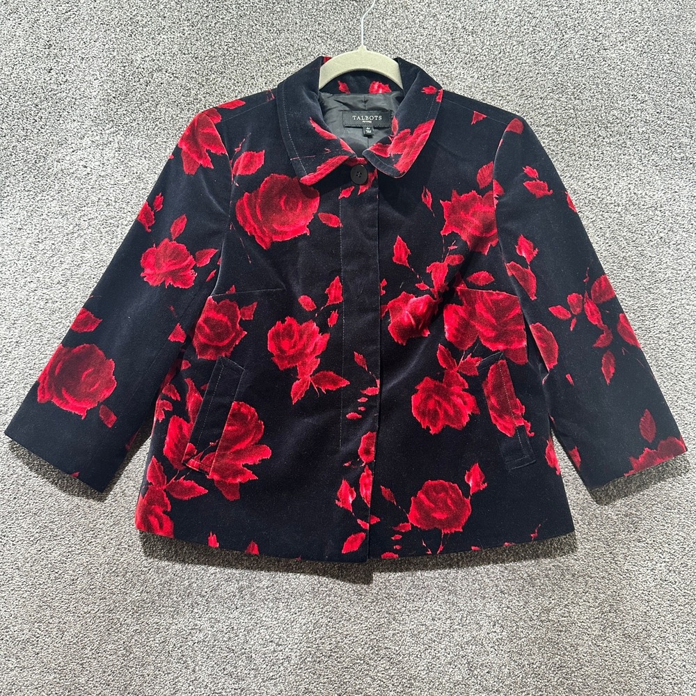 Talbots Blazer Jacket Women 4P Black Red Rose Floral Velvet Career Holiday